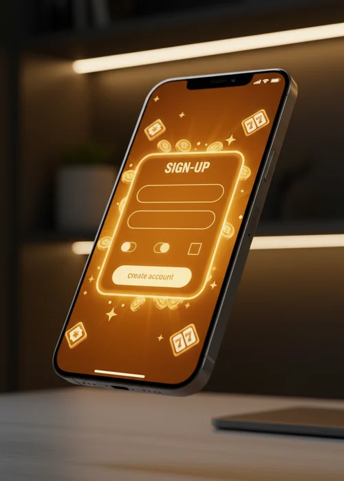 A simplified graphic representation of Reinbet Casino's quick registration process on a mobile device, highlighting email, password, and AUD currency selection fields for new players.